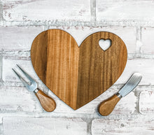Load image into Gallery viewer, Personalized Wood Valentine Heart Cheese Board Set
