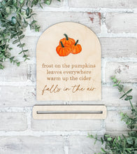 Load image into Gallery viewer, Fall’s In The Air Watercolor Pumpkin Shelf Sitter Sign