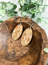 Load image into Gallery viewer, Gold Mirrored Neutral Christmas Trees and Reindeer Acrylic Teardrop Earrings