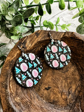Load image into Gallery viewer, Black Glitter Pastel Pink and Green Christmas Trees Circle Acrylic Earrings
