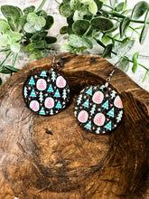 Load image into Gallery viewer, Black Glitter Pastel Pink and Green Christmas Trees Circle Acrylic Earrings