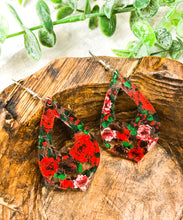 Load image into Gallery viewer, Christmas Roses Acrylic Teardrop Earrings