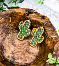 Load image into Gallery viewer, Succulent Acrylic & Zebrawood Veneer Cactus Earrings