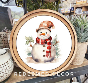 Round Christmas Snowman Framed Canvas Art