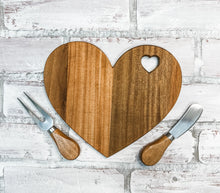 Load image into Gallery viewer, Personalized Wood Valentine Heart Cheese Board Set
