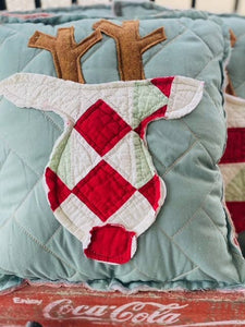 Handmade Christmas Reindeer Vintage Quilt Pillow