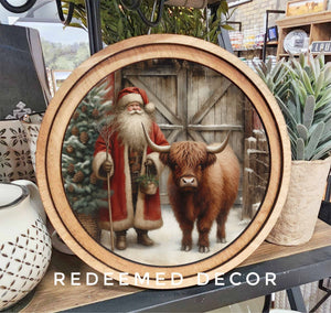 Round Highland Cow Santa Canvas Framed Art