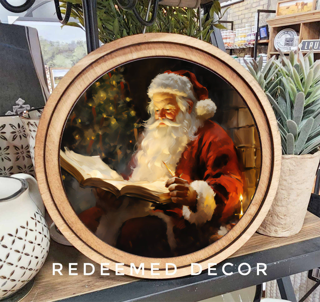 Round Santa Reading Book Canvas Framed Art