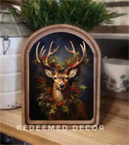 Arch Top Reindeer Wreath Canvas Framed Art