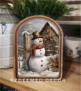 Arch Top Rustic Snowman Framed Canvas Art