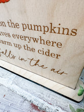 Load image into Gallery viewer, Fall’s In The Air Watercolor Pumpkin Shelf Sitter Sign
