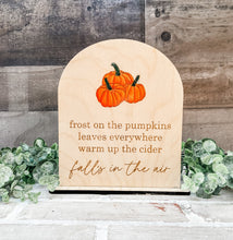 Load image into Gallery viewer, Fall’s In The Air Watercolor Pumpkin Shelf Sitter Sign
