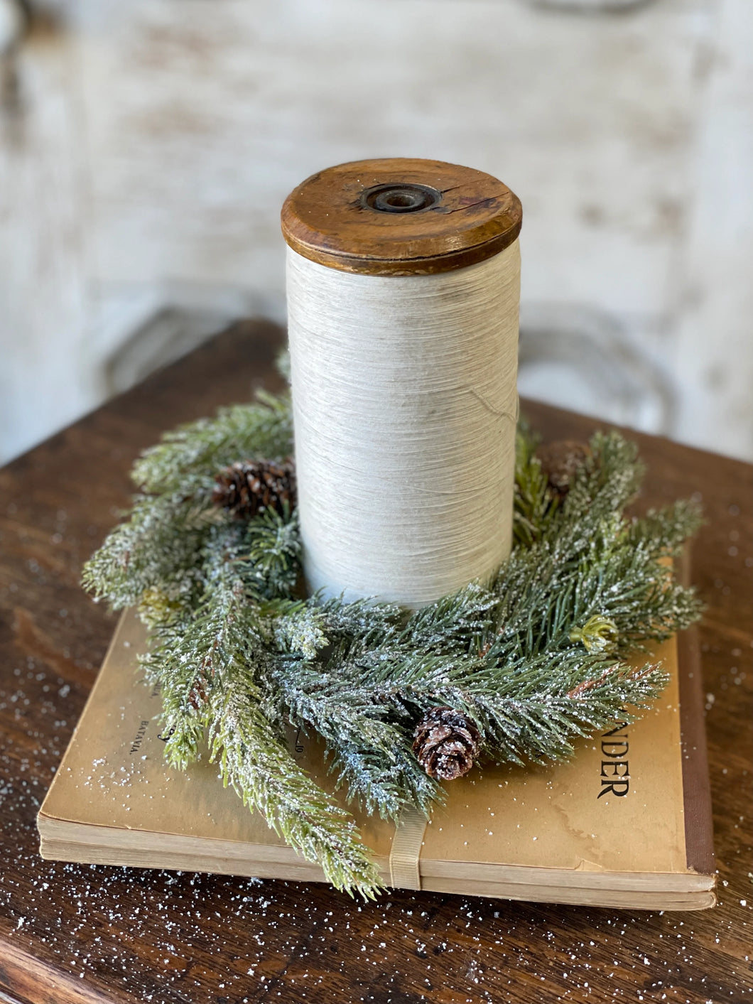 Frosted White Spruce Candle Ring - Christmas Greenery - Winter Decor