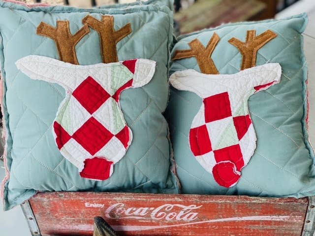 Handmade Christmas Reindeer Vintage Quilt Pillow