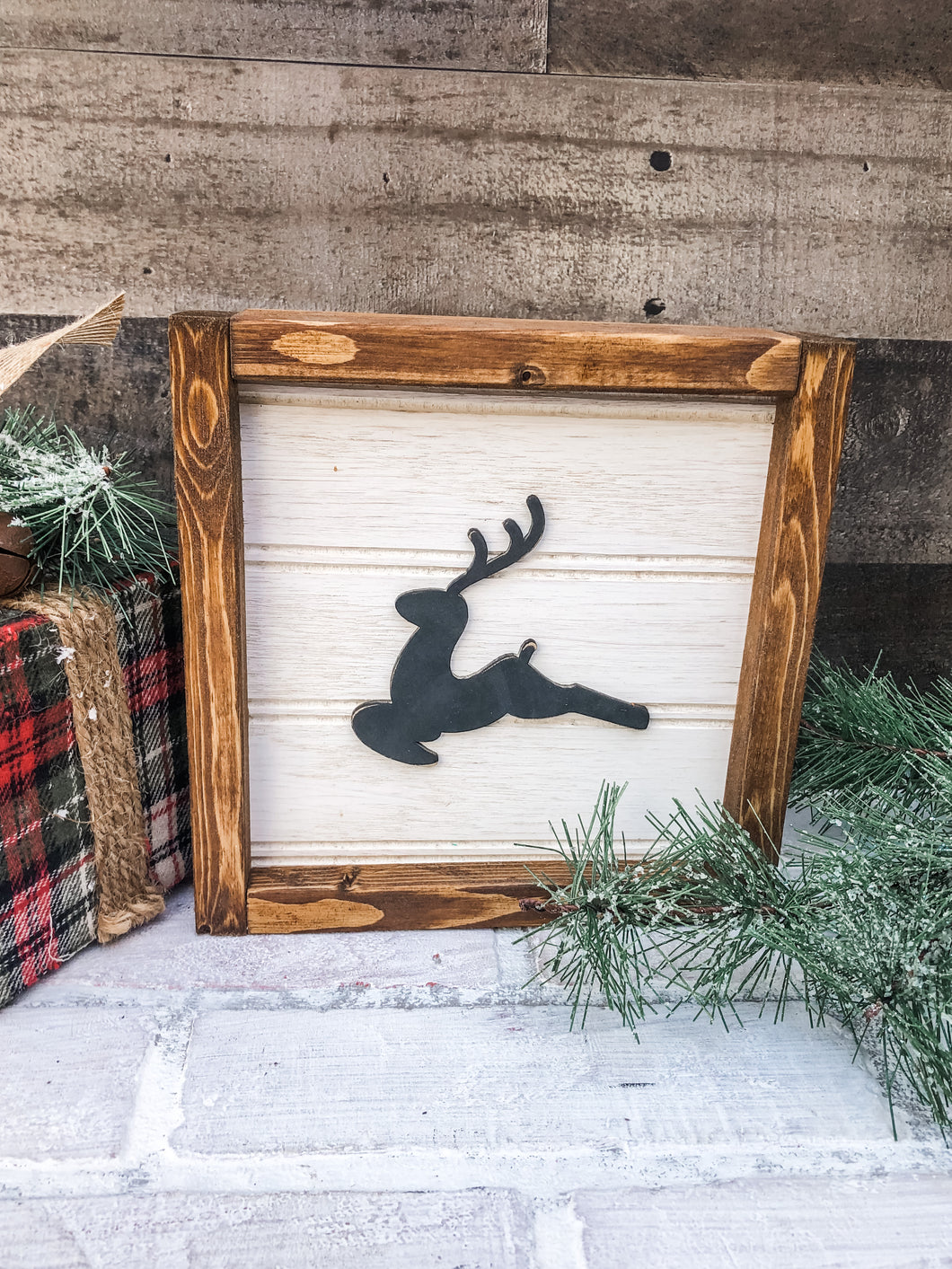 Framed Rustic Reindeer Shelf Sitter Sign - Christmas Decoration - Winter Decor
