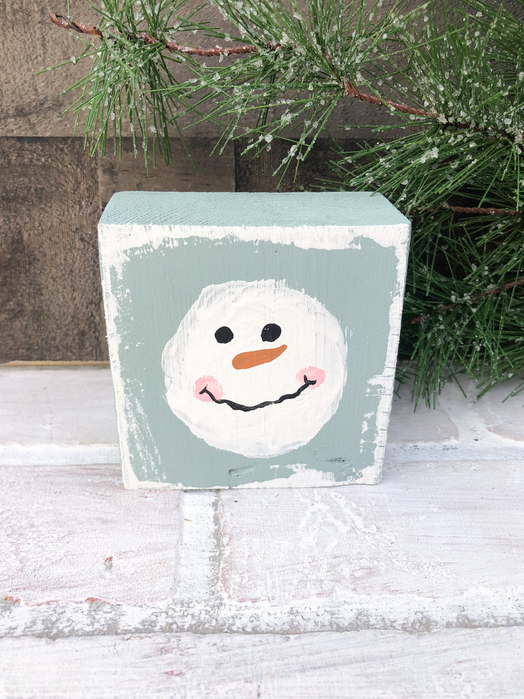 Hand Painted Snowman Mini Block Shelf Sitter - Tiered Tray Decor - Christmas Decoration - Winter Mantle
