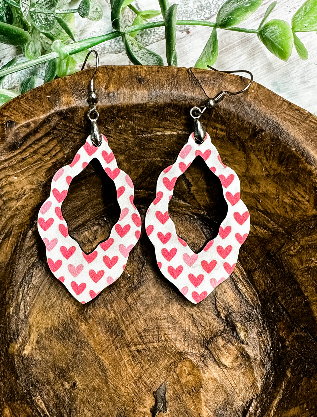 Pink & Red Hearts Scalloped Wood Earrings - Valentine’s Day