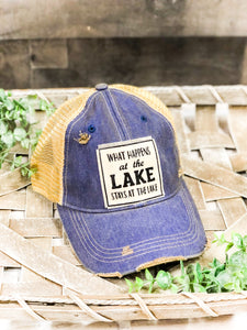What Happens at the Lake Stays at the Lake Distressed Trucker Hat - Baseball Cap