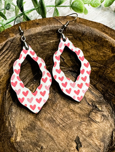 Pink & Red Hearts Scalloped Wood Earrings - Valentine’s Day