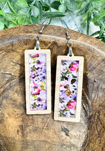 Watercolor Floral Acrylic & Cherry Wood Inset Earrings
