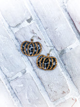 Load image into Gallery viewer, Leopard Acrylic &amp; Zebrawood Veneer Pumpkin Earrings
