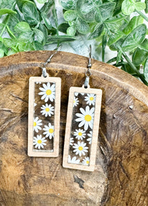 Daisies Floral Acrylic & Cherry Wood Inset Earrings