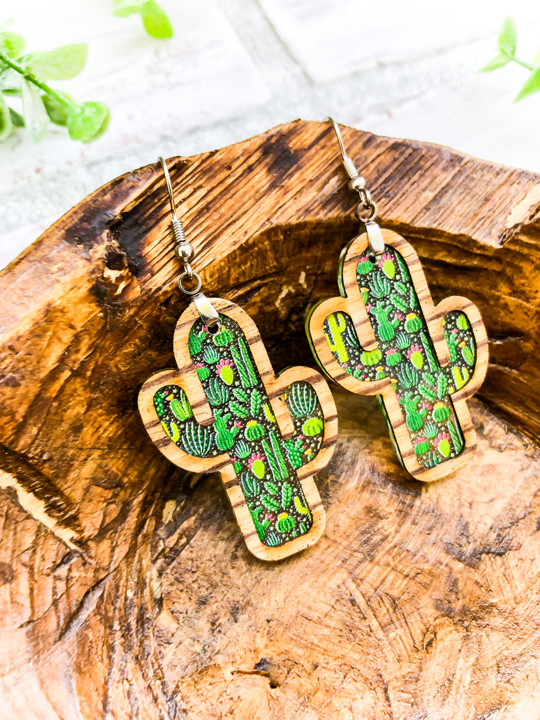 Succulent Acrylic & Zebrawood Veneer Cactus Earrings