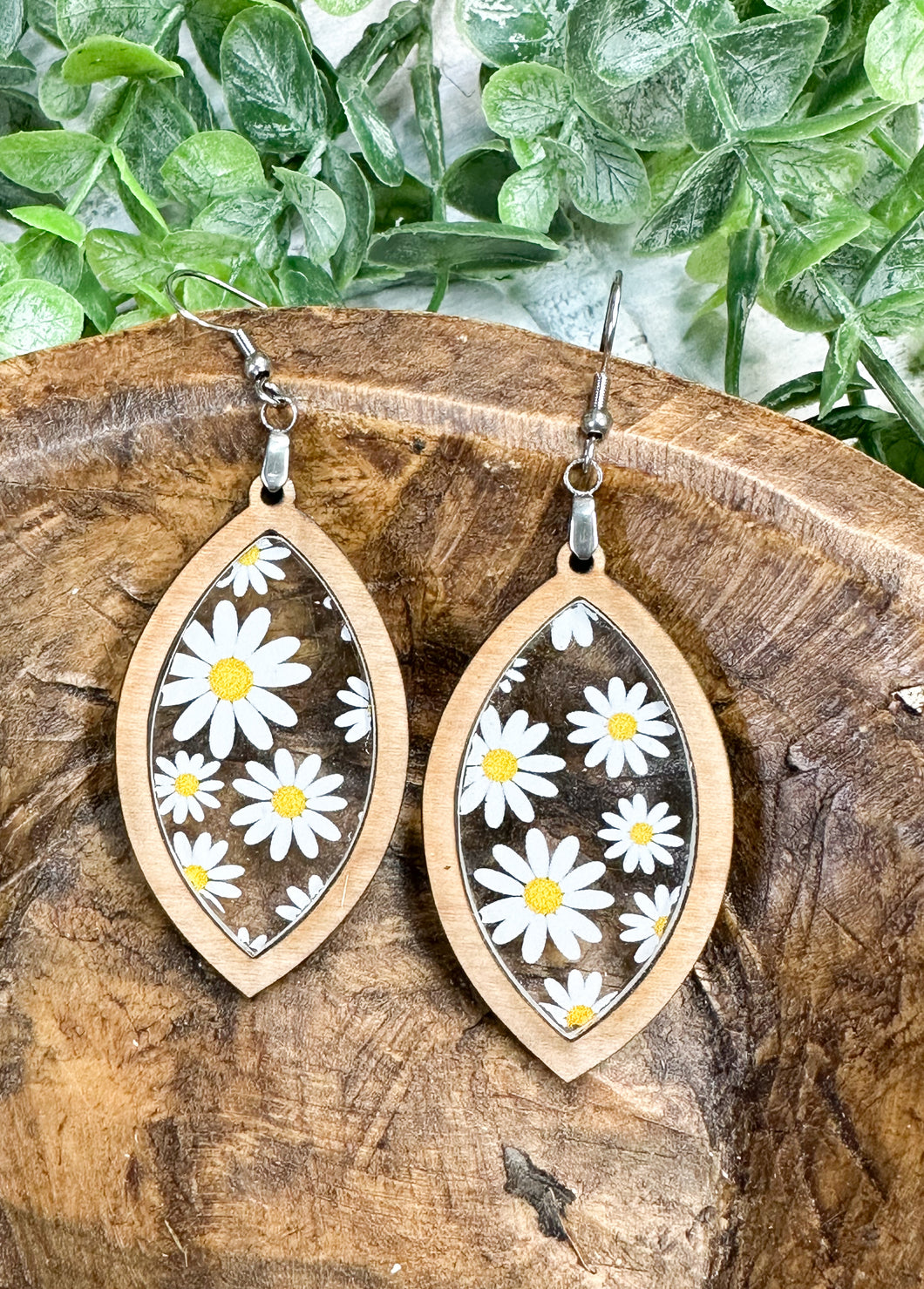 Daisies Floral Acrylic & Cherry Wood Inset Earrings