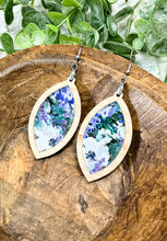 Load image into Gallery viewer, Blueberry Floral Acrylic &amp; Cherry Wood Inset Earrings
